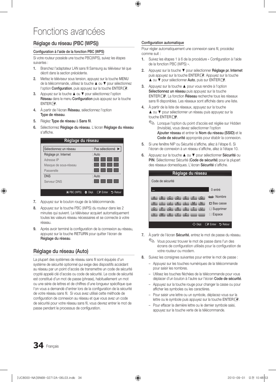 Fonctions avancées, Réglage du réseau (pbc (wps)), Réglage du réseau (auto) | Samsung UN55C8000XFXZA User Manual | Page 166 / 200