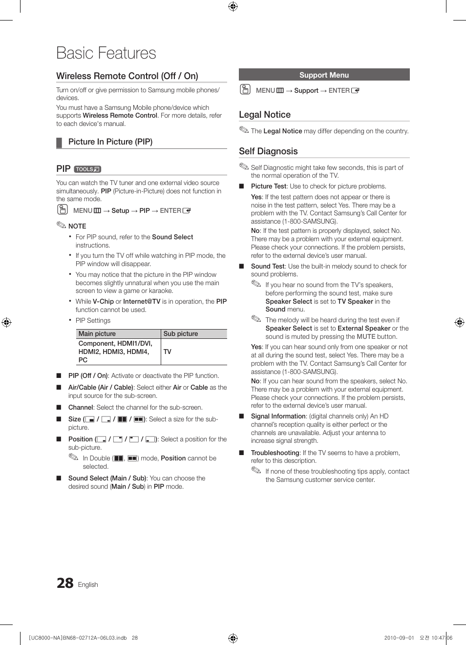 Support menu, Basic features | Samsung UN55C8000XFXZA User Manual | Page 28 / 200