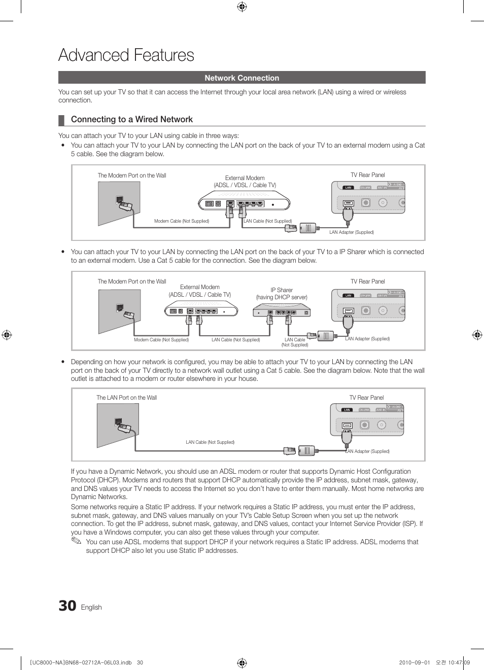 Advanced features, Network connection | Samsung UN55C8000XFXZA User Manual | Page 30 / 200