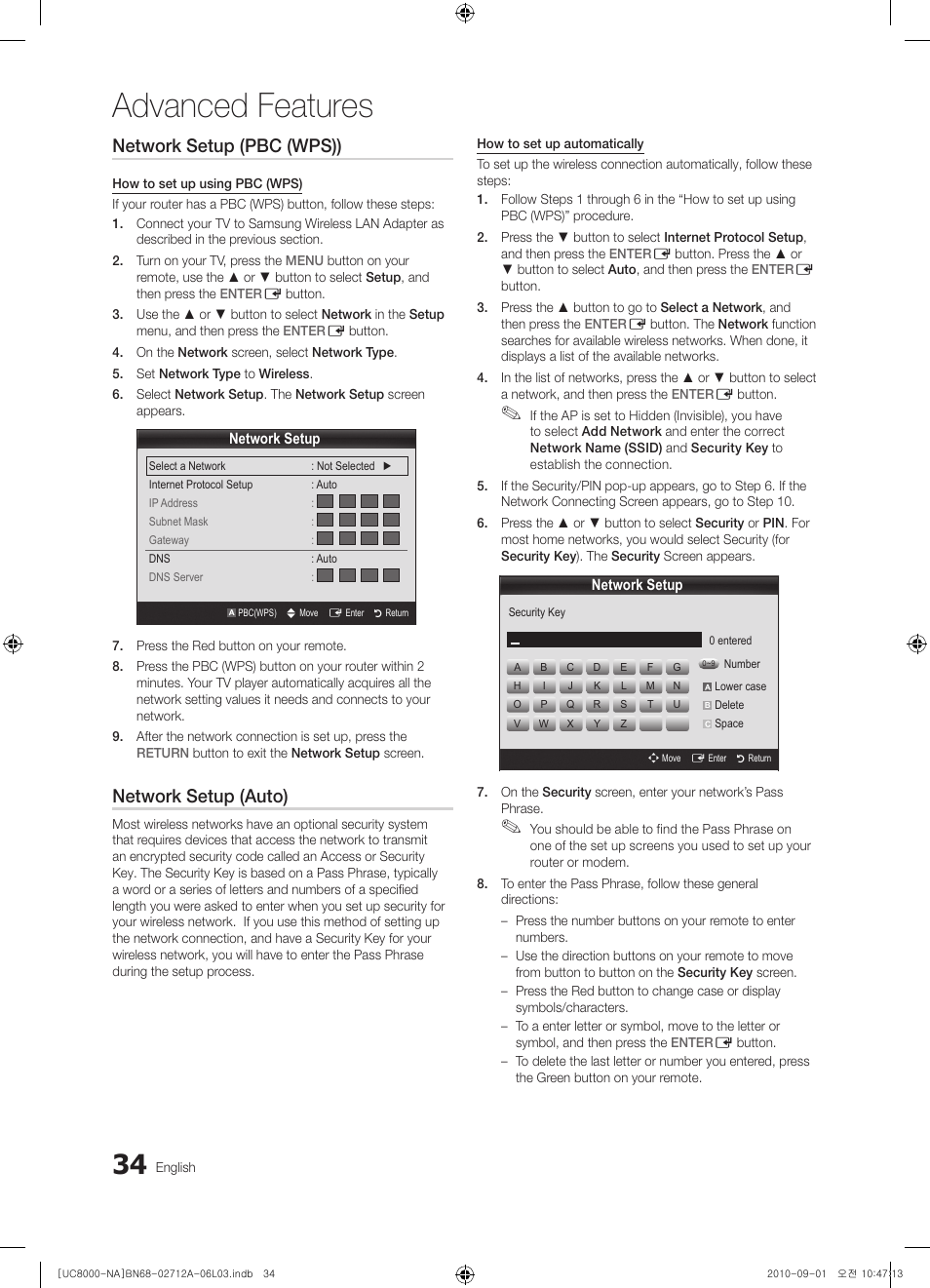 Advanced features, Network setup (pbc (wps)), Network setup (auto) | Samsung UN55C8000XFXZA User Manual | Page 34 / 200