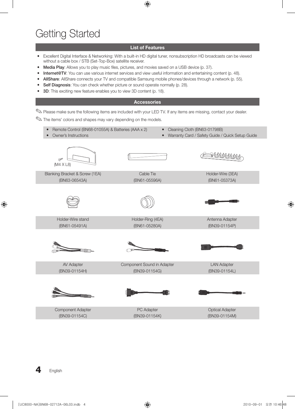 Getting started, List of features, Accessories | Samsung UN55C8000XFXZA User Manual | Page 4 / 200