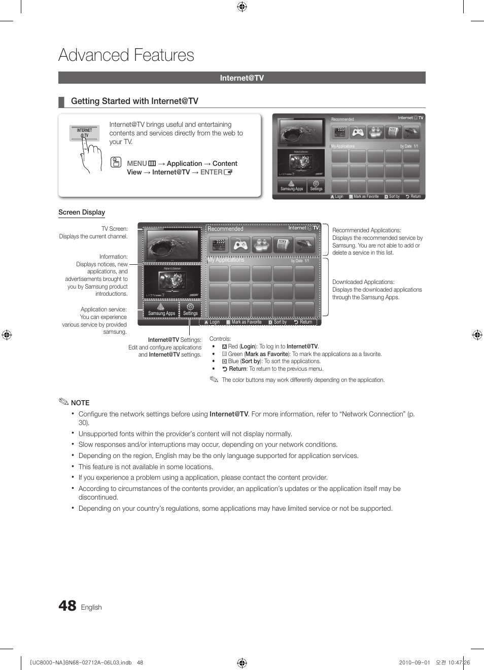 Internet@tv, Advanced features | Samsung UN55C8000XFXZA User Manual | Page 48 / 200