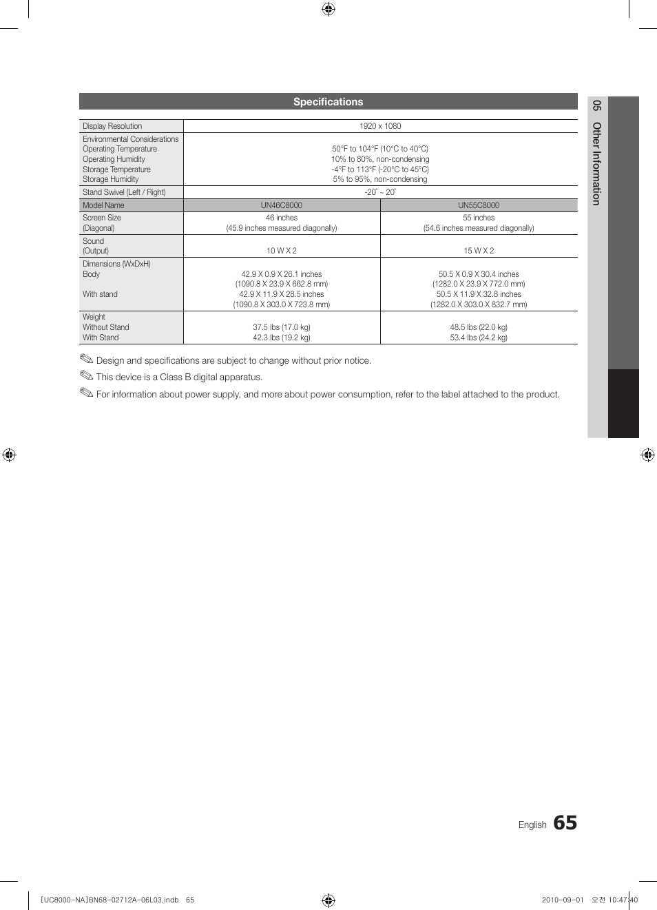 Specifications | Samsung UN55C8000XFXZA User Manual | Page 65 / 200