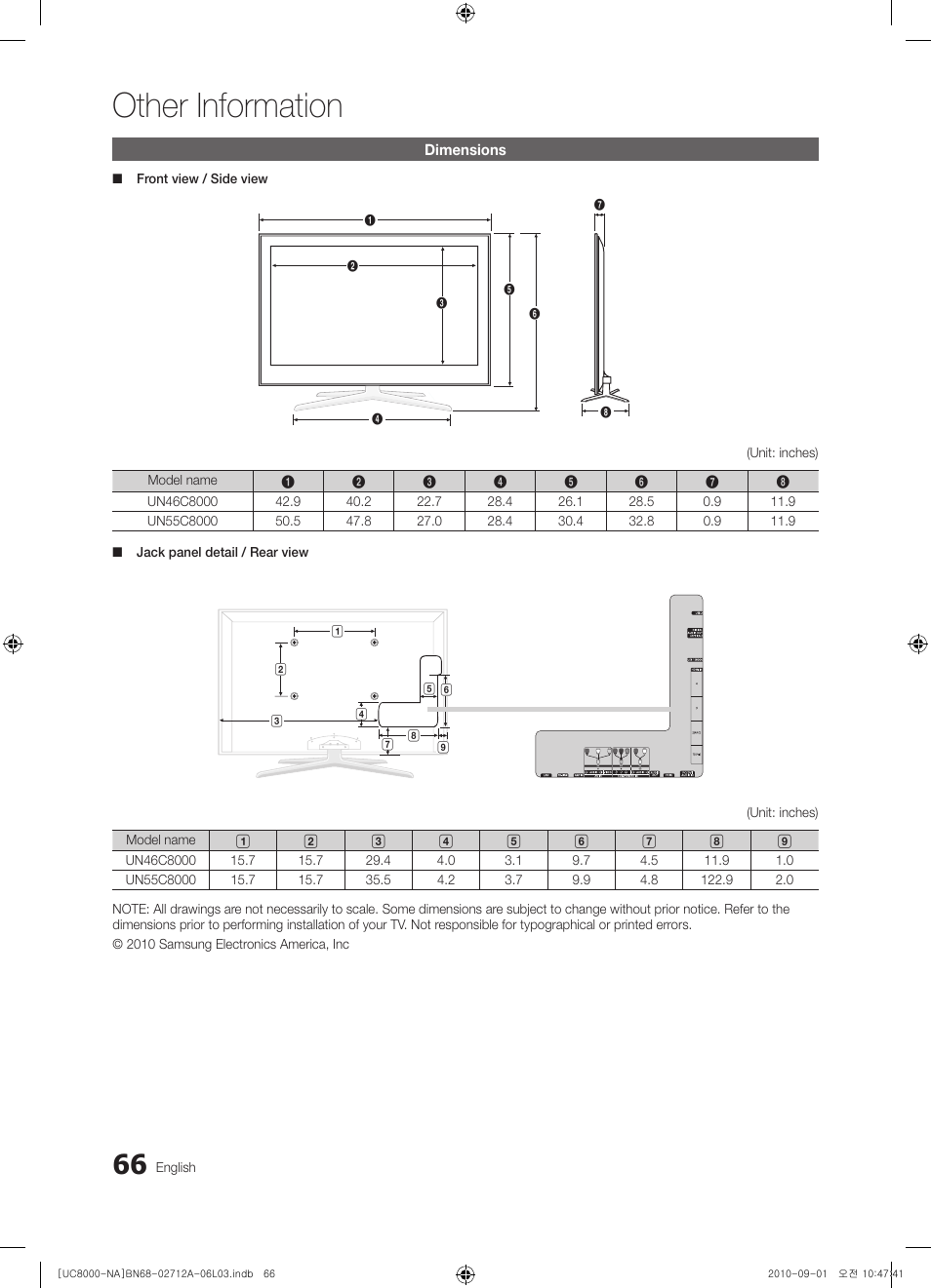 Dimensions, Other information | Samsung UN55C8000XFXZA User Manual | Page 66 / 200