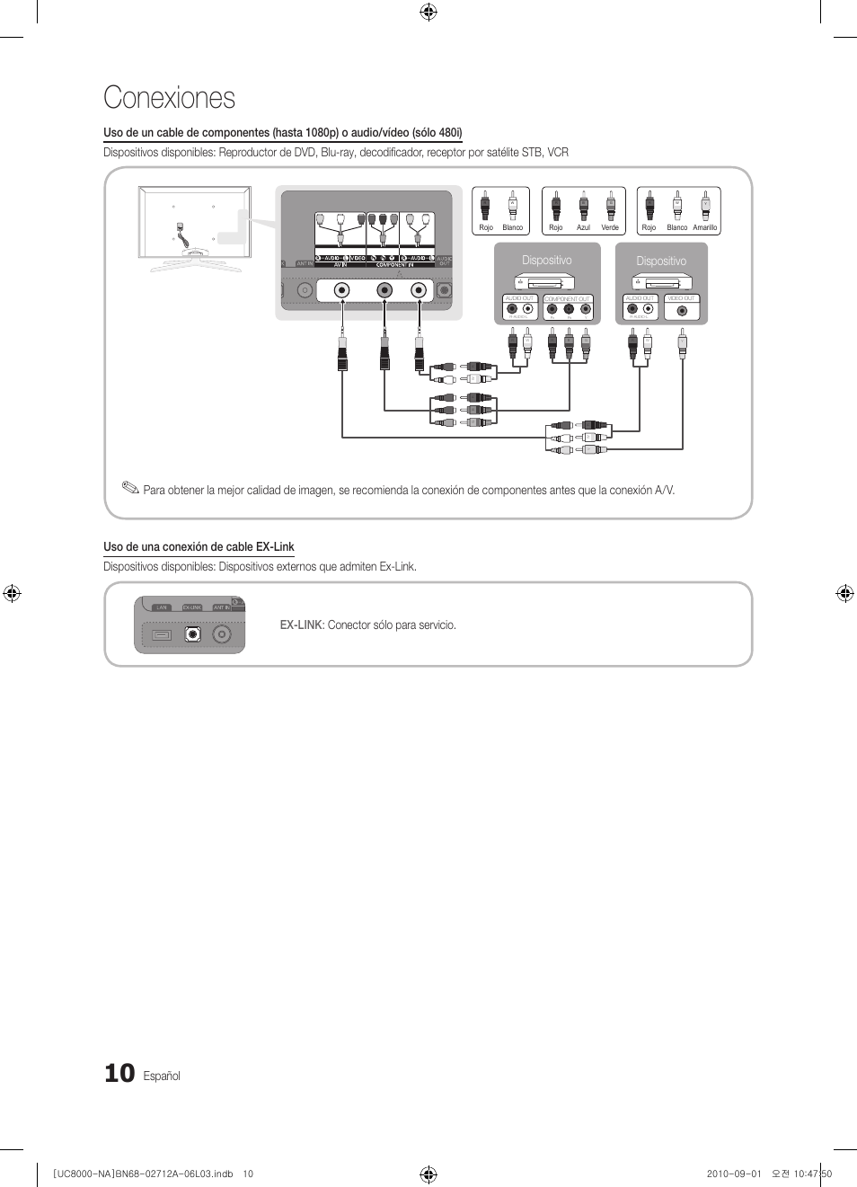 Conexiones, Español, Dispositivo | Samsung UN55C8000XFXZA User Manual | Page 76 / 200