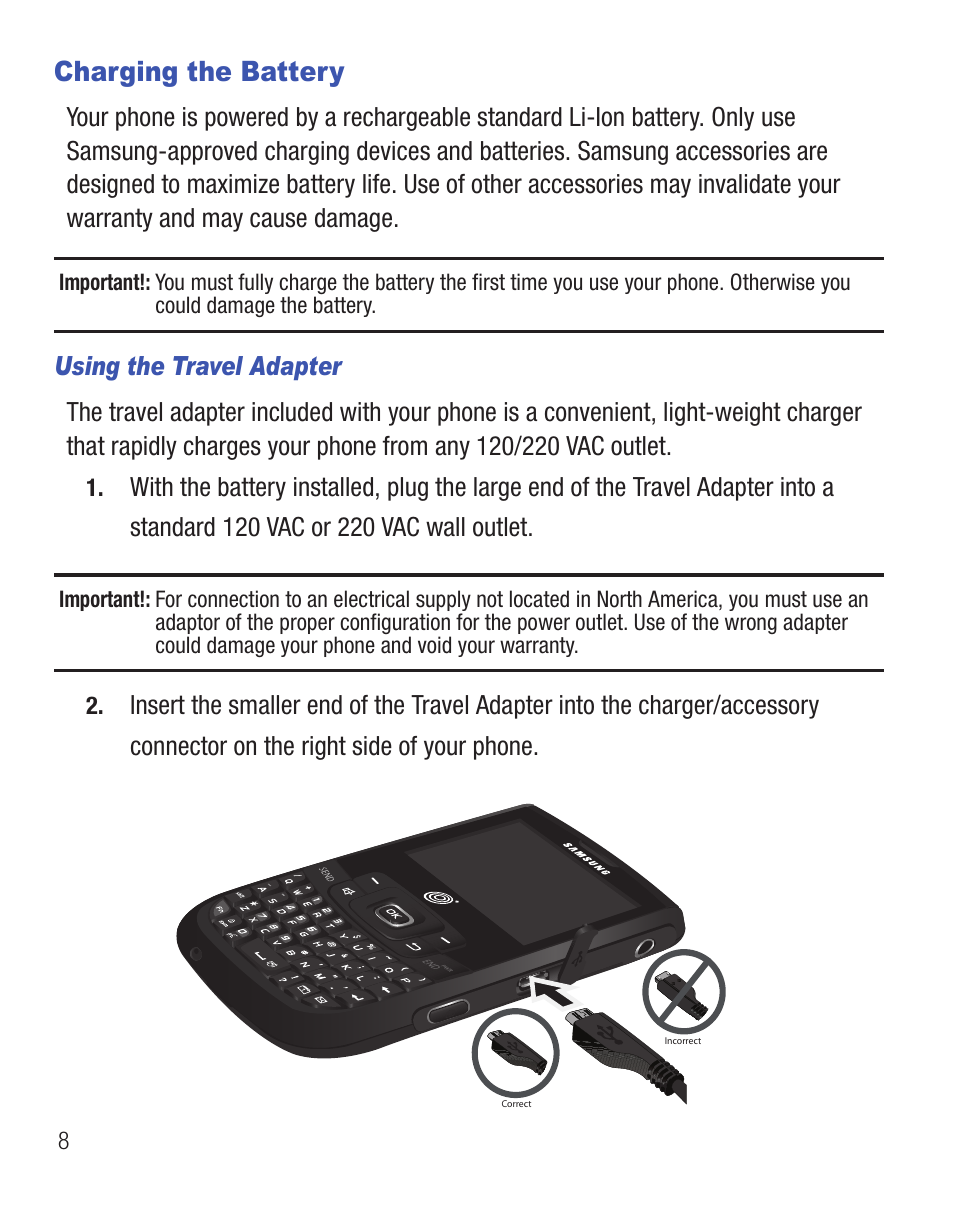 Charging the battery | Samsung SCH-R375ZKATFN User Manual | Page 12 / 108