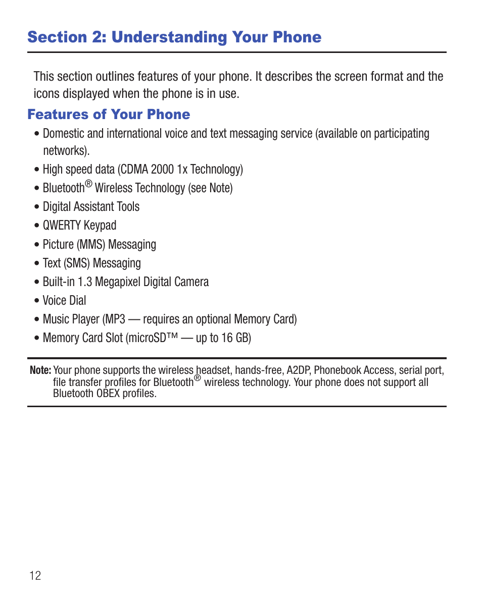 Section 2: understanding your phone, Features of your phone | Samsung SCH-R375ZKATFN User Manual | Page 16 / 108