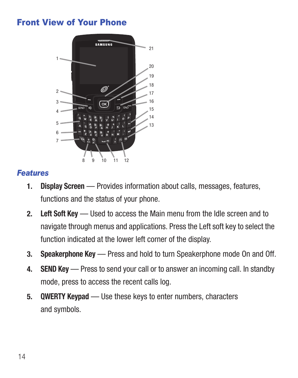 Front view of your phone, Features | Samsung SCH-R375ZKATFN User Manual | Page 18 / 108