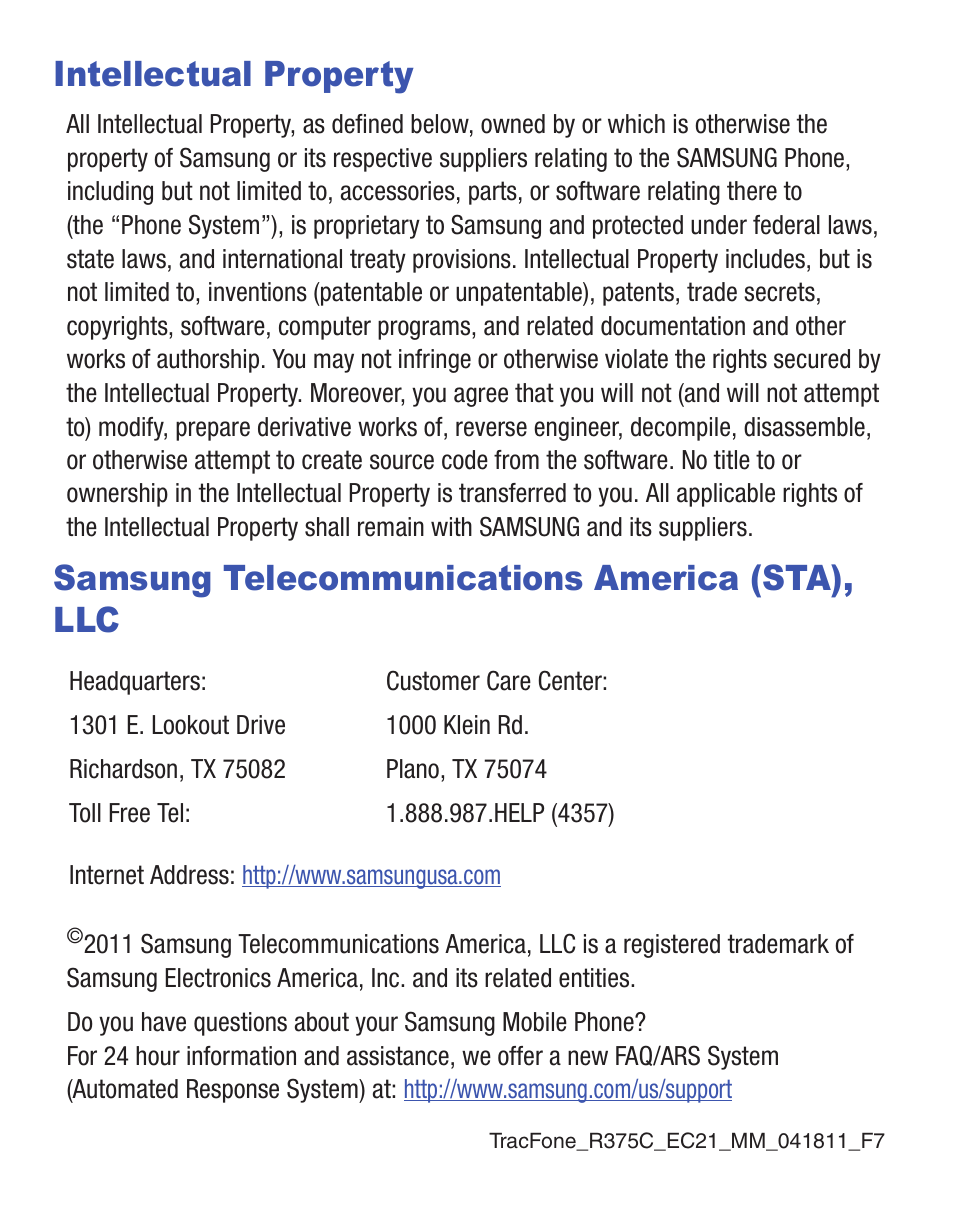 Intellectual property, Samsung telecommunications america (sta), llc | Samsung SCH-R375ZKATFN User Manual | Page 2 / 108
