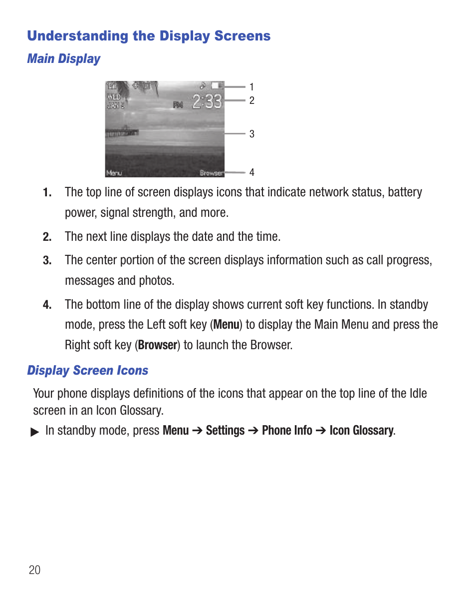 Understanding the display screens | Samsung SCH-R375ZKATFN User Manual | Page 24 / 108