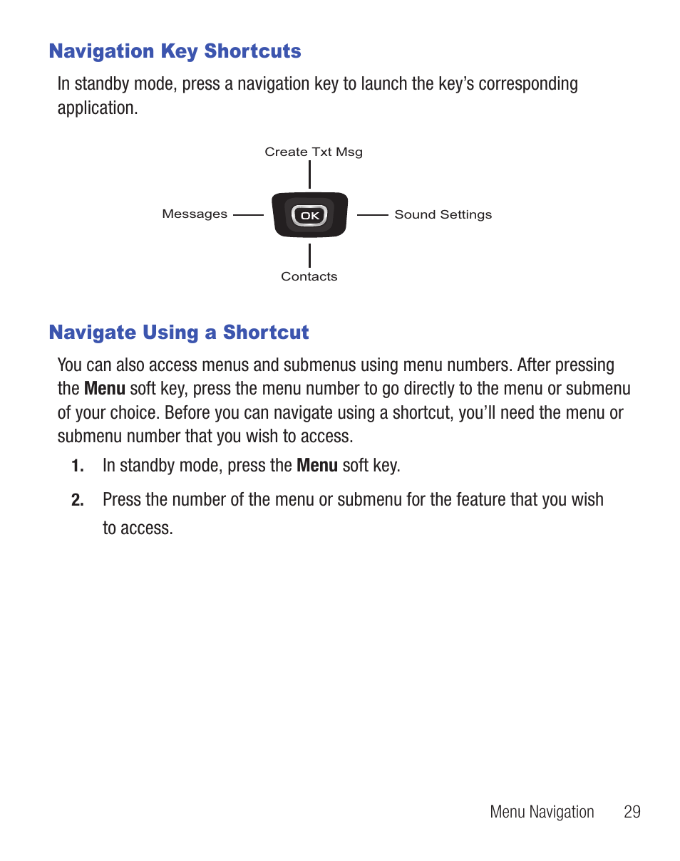 Navigation key shortcuts, Navigate using a shortcut, Navigation key shortcuts navigate using a shortcut | Samsung SCH-R375ZKATFN User Manual | Page 33 / 108