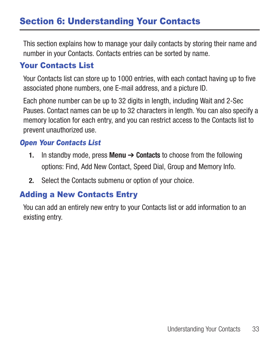 Section 6: understanding your contacts, Your contacts list, Adding a new contacts entry | Your contacts list adding a new contacts entry | Samsung SCH-R375ZKATFN User Manual | Page 37 / 108