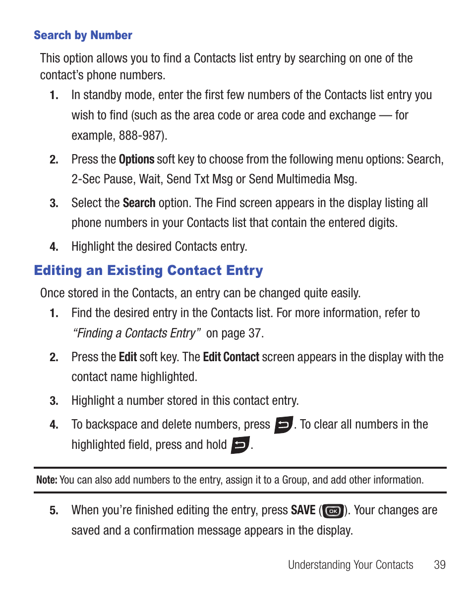 Editing an existing contact entry | Samsung SCH-R375ZKATFN User Manual | Page 43 / 108