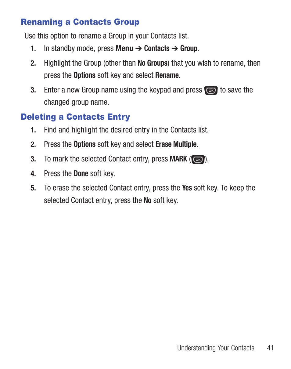 Renaming a contacts group, Deleting a contacts entry | Samsung SCH-R375ZKATFN User Manual | Page 45 / 108