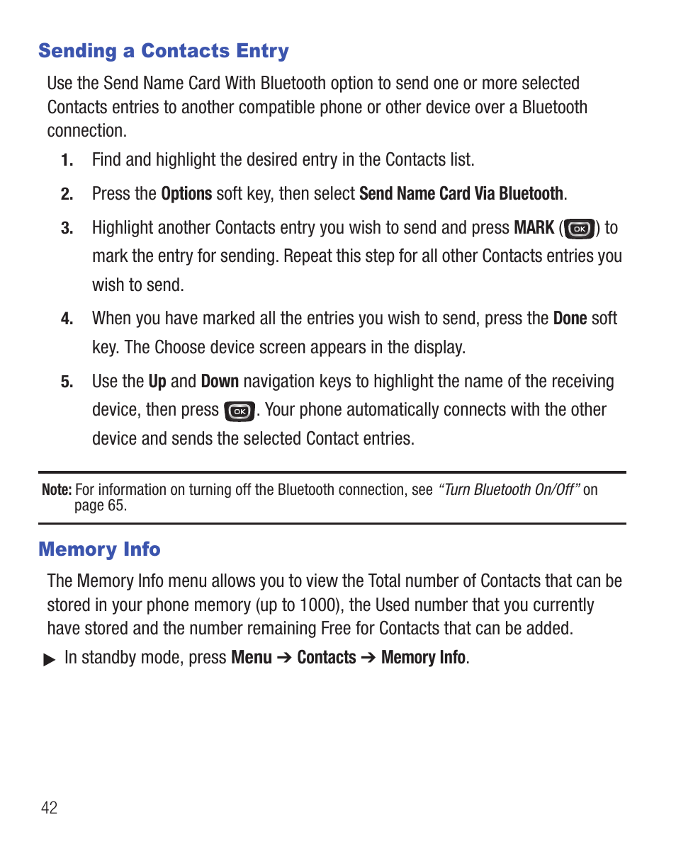 Sending a contacts entry, Memory info, Sending a contacts entry memory info | Samsung SCH-R375ZKATFN User Manual | Page 46 / 108