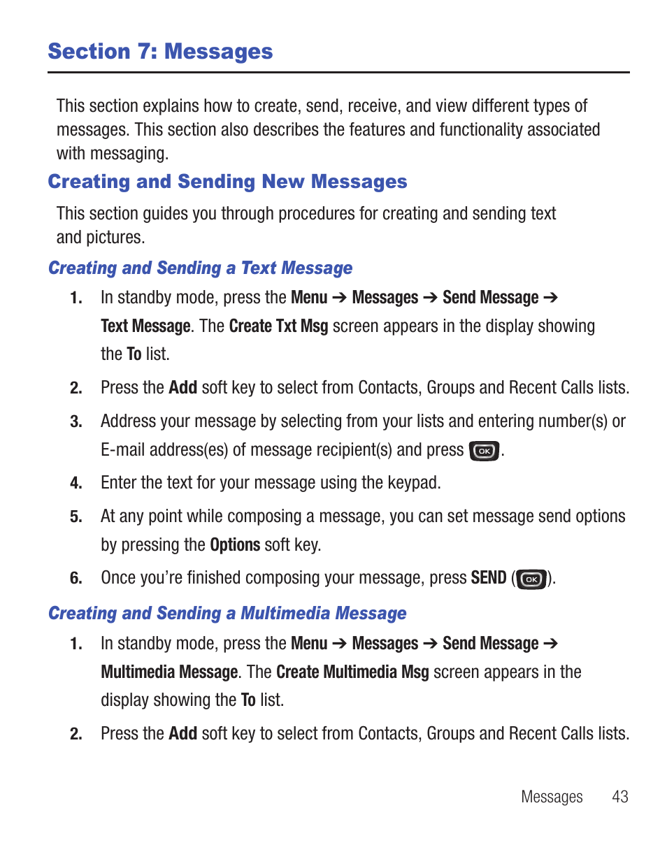 Section 7: messages, Creating and sending new messages | Samsung SCH-R375ZKATFN User Manual | Page 47 / 108