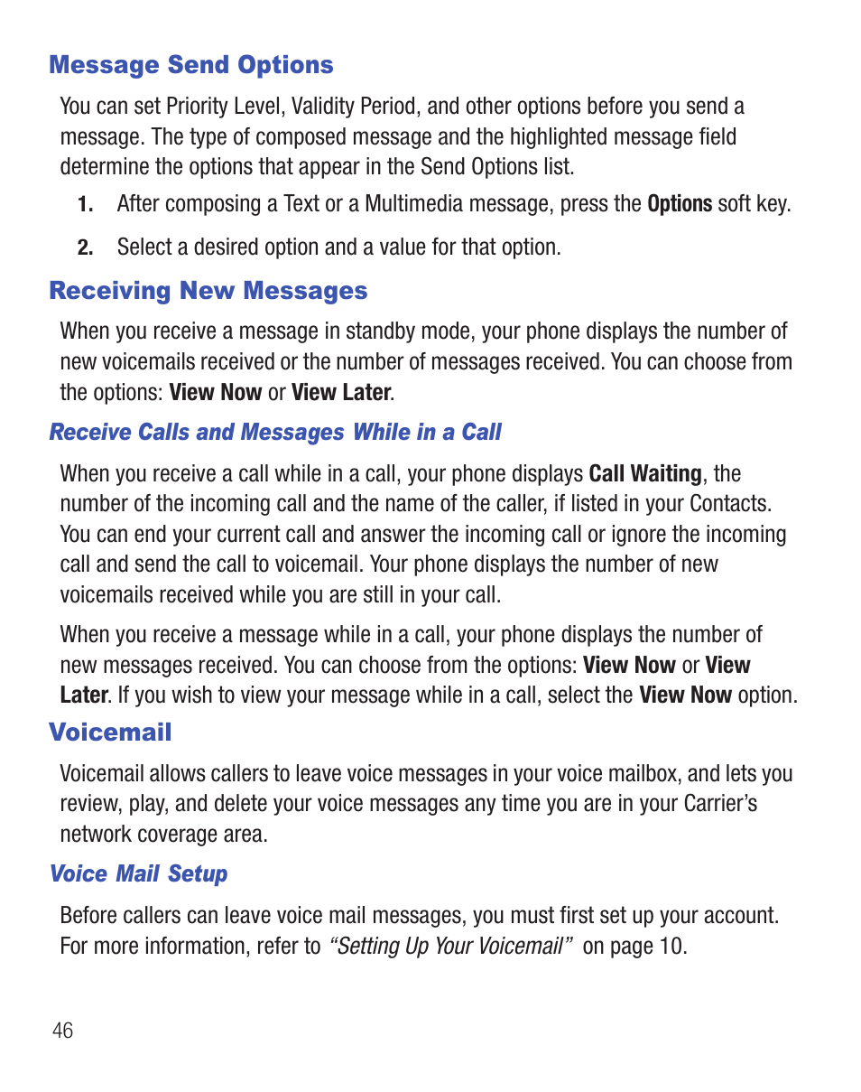 Message send options, Receiving new messages, Voicemail | For more | Samsung SCH-R375ZKATFN User Manual | Page 50 / 108