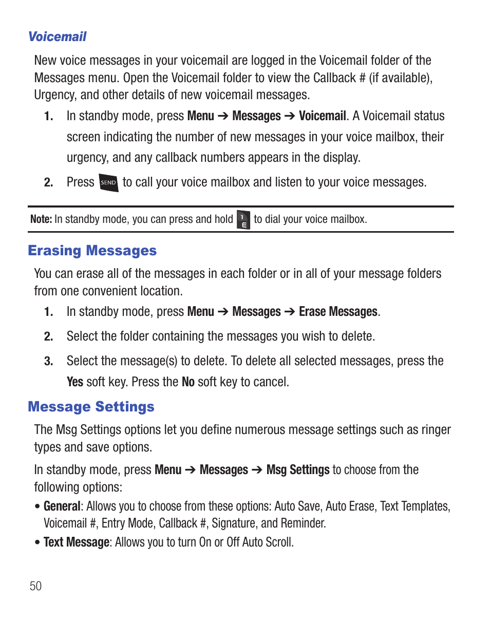 Erasing messages, Message settings, Erasing messages message settings | Samsung SCH-R375ZKATFN User Manual | Page 54 / 108
