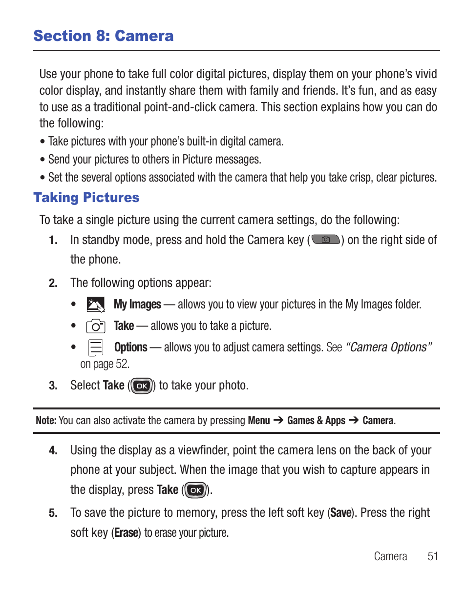 Section 8: camera, Taking pictures | Samsung SCH-R375ZKATFN User Manual | Page 55 / 108
