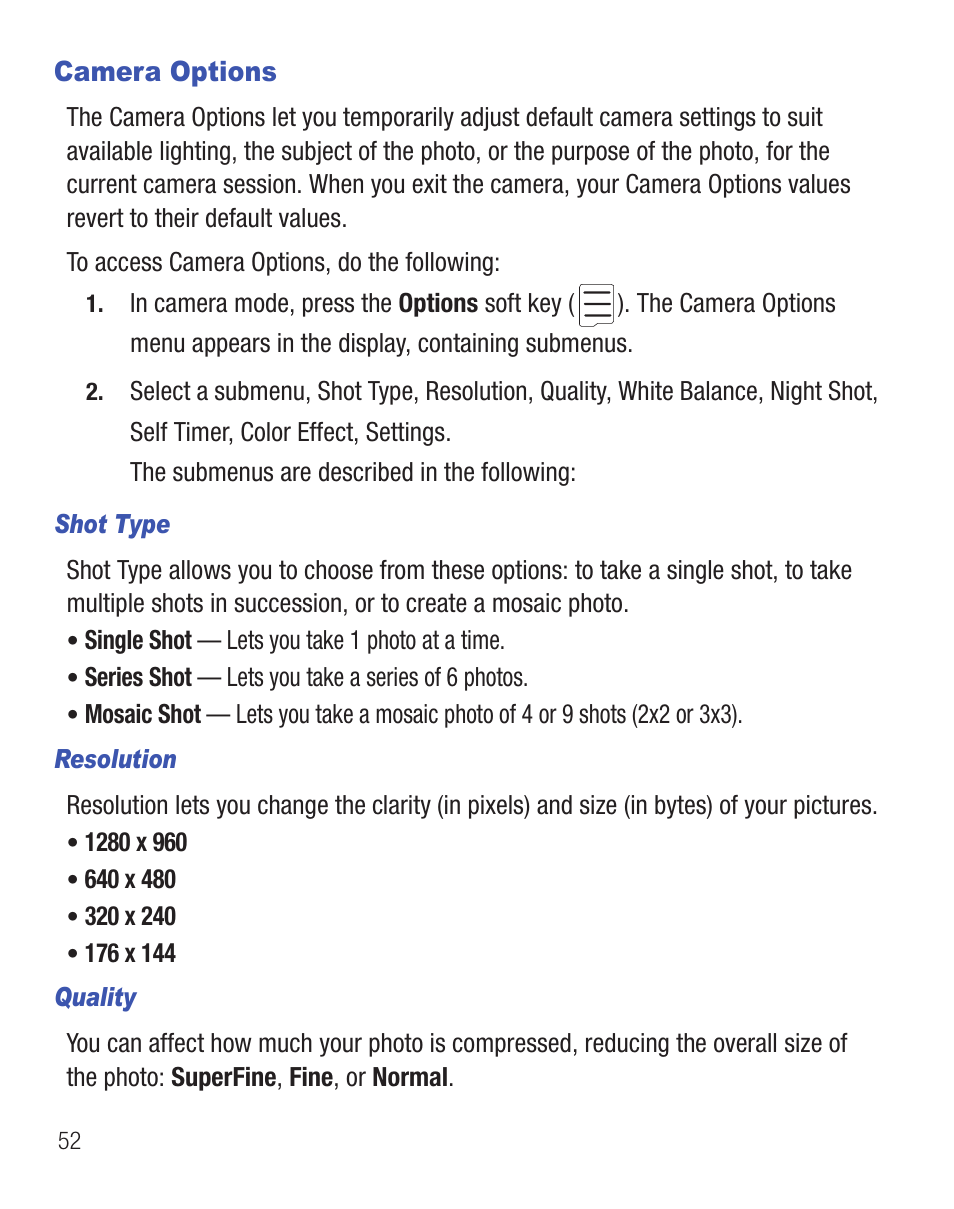 Camera options | Samsung SCH-R375ZKATFN User Manual | Page 56 / 108