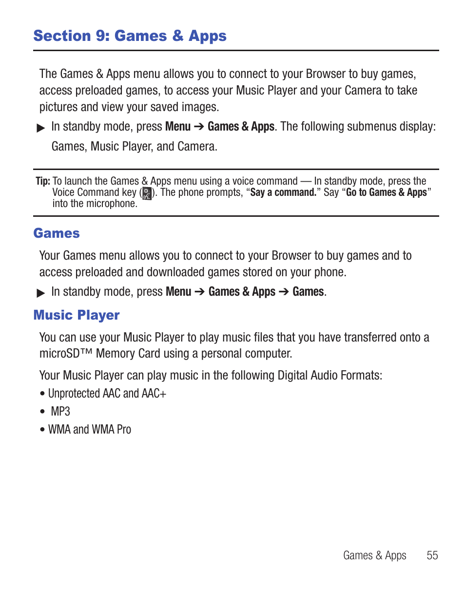 Section 9: games & apps, Games, Music player | Games music player | Samsung SCH-R375ZKATFN User Manual | Page 59 / 108