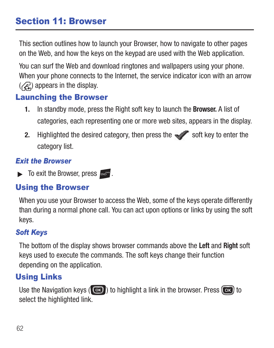 Section 11: browser, Launching the browser, Using the browser | Using links, Using the browser using links | Samsung SCH-R375ZKATFN User Manual | Page 66 / 108