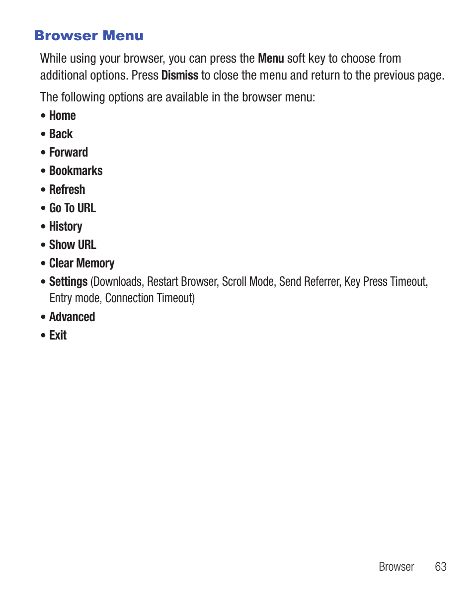Browser menu | Samsung SCH-R375ZKATFN User Manual | Page 67 / 108