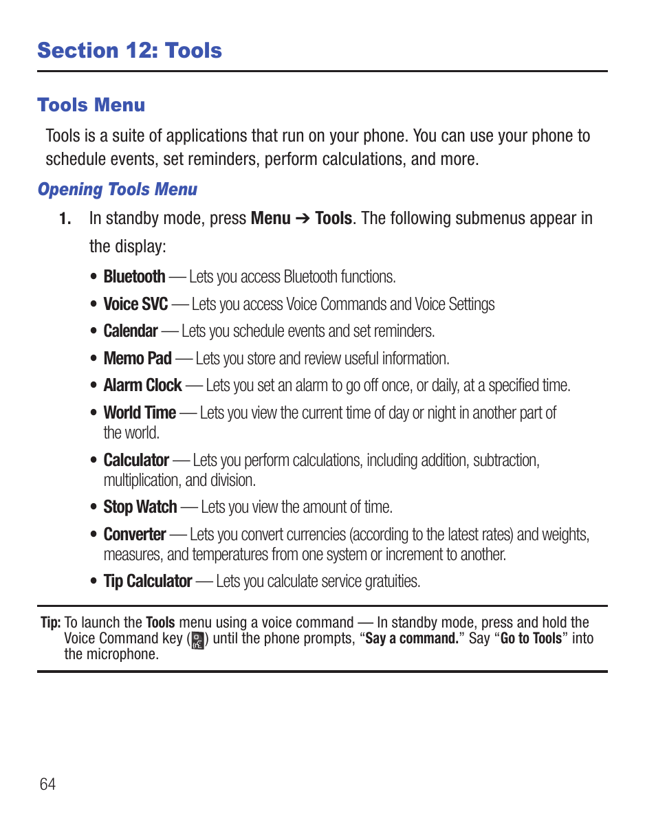 Section 12: tools, Tools menu | Samsung SCH-R375ZKATFN User Manual | Page 68 / 108