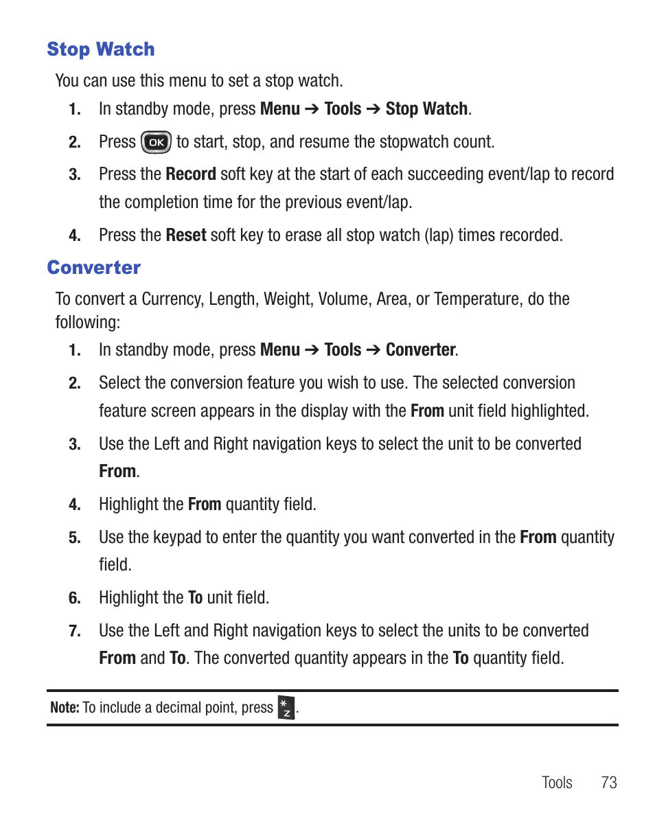 Stop watch, Converter, Stop watch converter | Samsung SCH-R375ZKATFN User Manual | Page 77 / 108