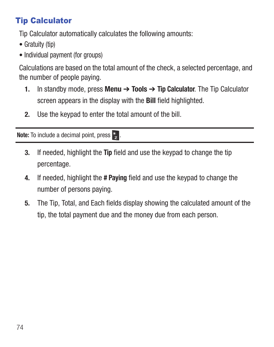 Tip calculator | Samsung SCH-R375ZKATFN User Manual | Page 78 / 108