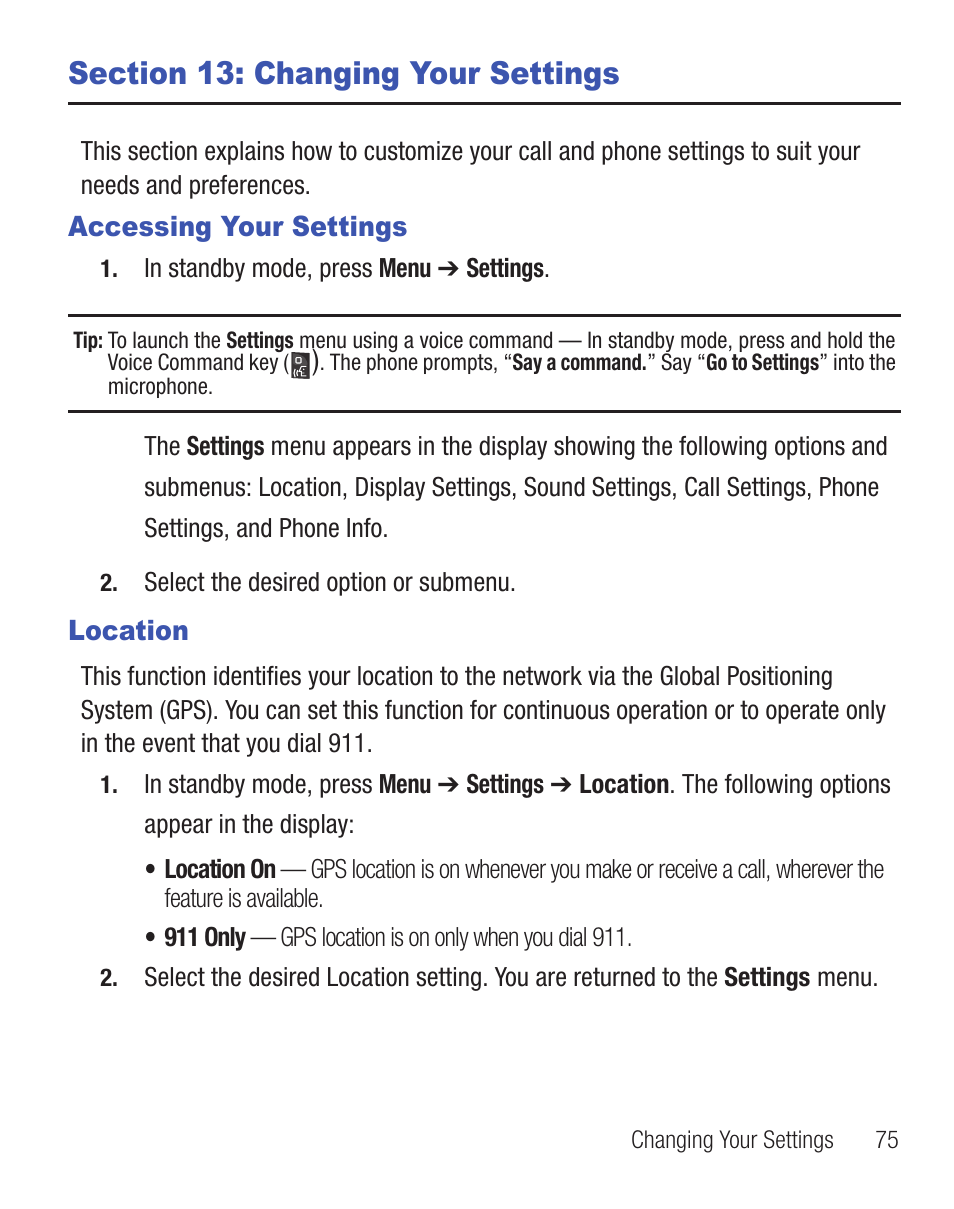 Section 13: changing your settings, Accessing your settings, Location | Accessing your settings location | Samsung SCH-R375ZKATFN User Manual | Page 79 / 108