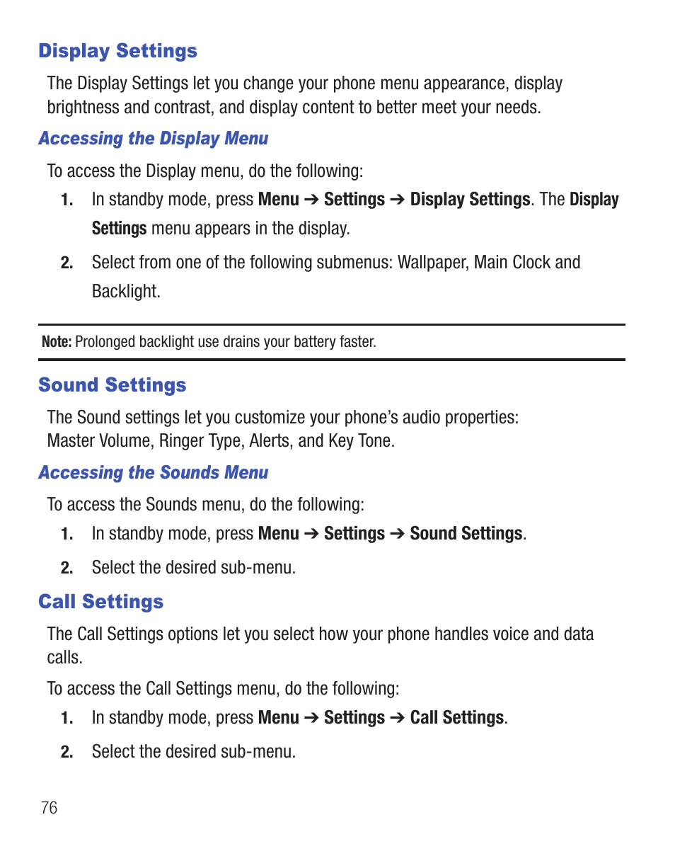 Display settings, Sound settings, Call settings | Display settings sound settings call settings | Samsung SCH-R375ZKATFN User Manual | Page 80 / 108