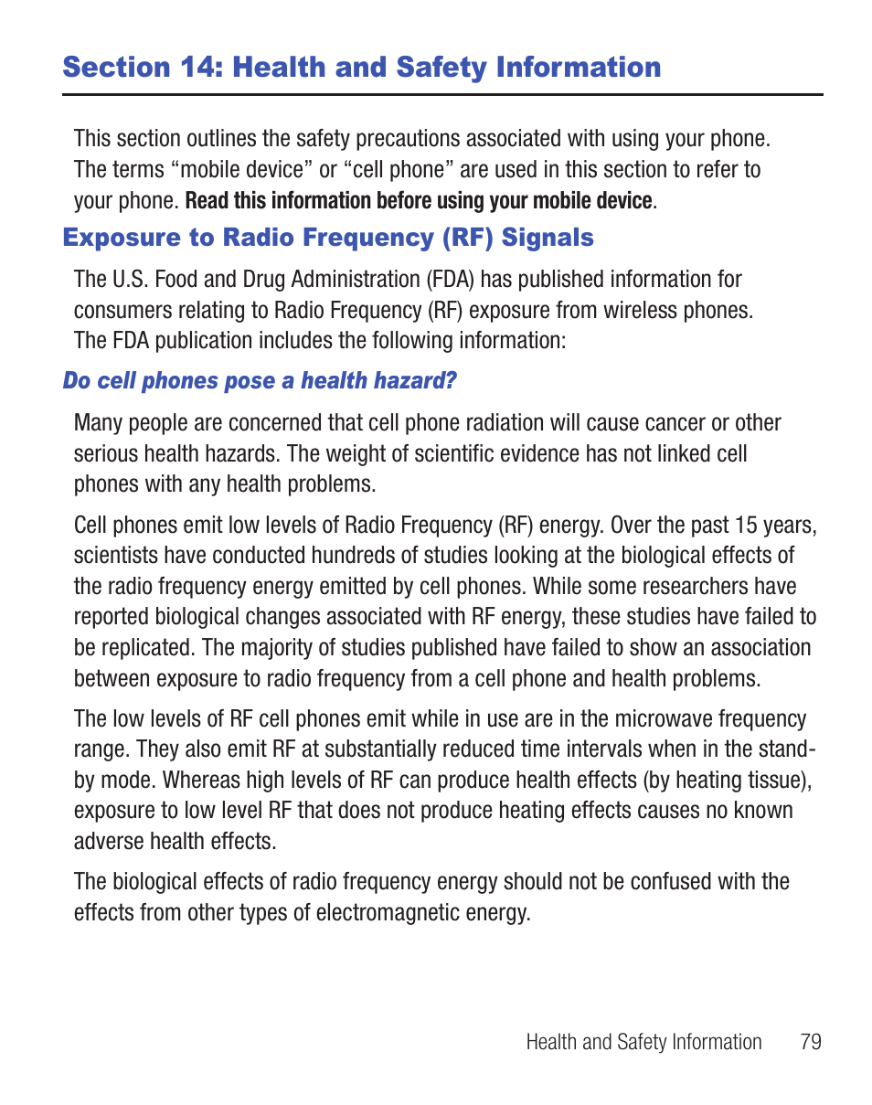 Section 14: health and safety information, Exposure to radio frequency (rf) signals | Samsung SCH-R375ZKATFN User Manual | Page 83 / 108