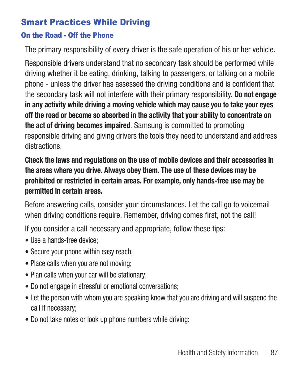 Smart practices while driving | Samsung SCH-R375ZKATFN User Manual | Page 91 / 108