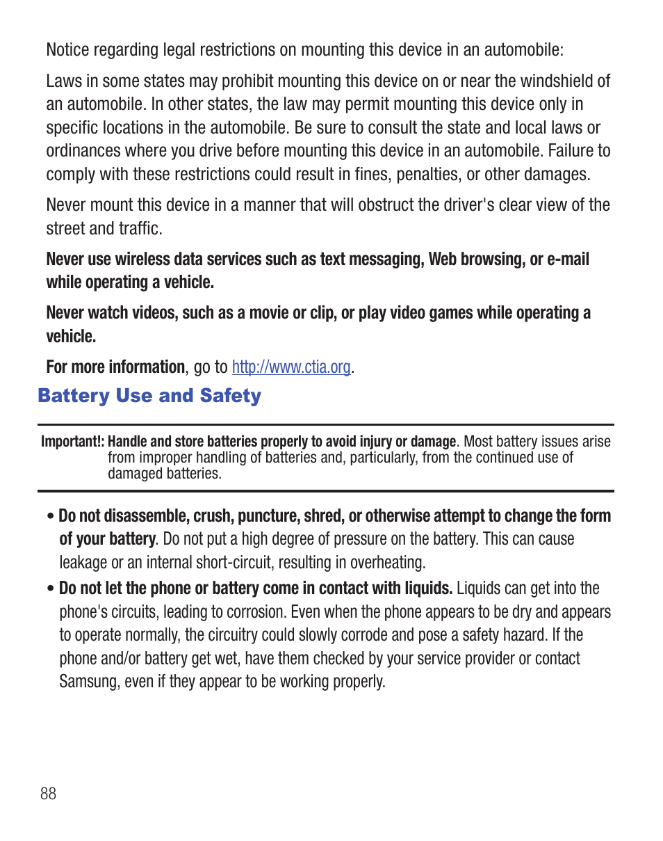 Battery use and safety | Samsung SCH-R375ZKATFN User Manual | Page 92 / 108