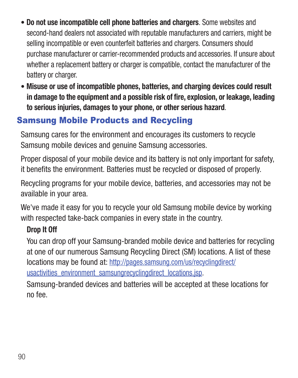 Samsung mobile products and recycling | Samsung SCH-R375ZKATFN User Manual | Page 94 / 108