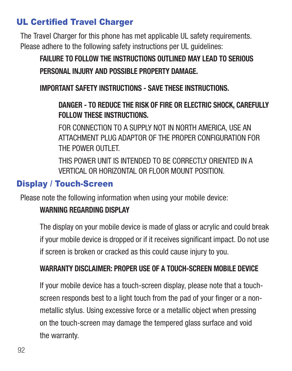 Ul certified travel charger, Display / touch-screen, Ul certified travel charger display / touch-screen | Samsung SCH-R375ZKATFN User Manual | Page 96 / 108