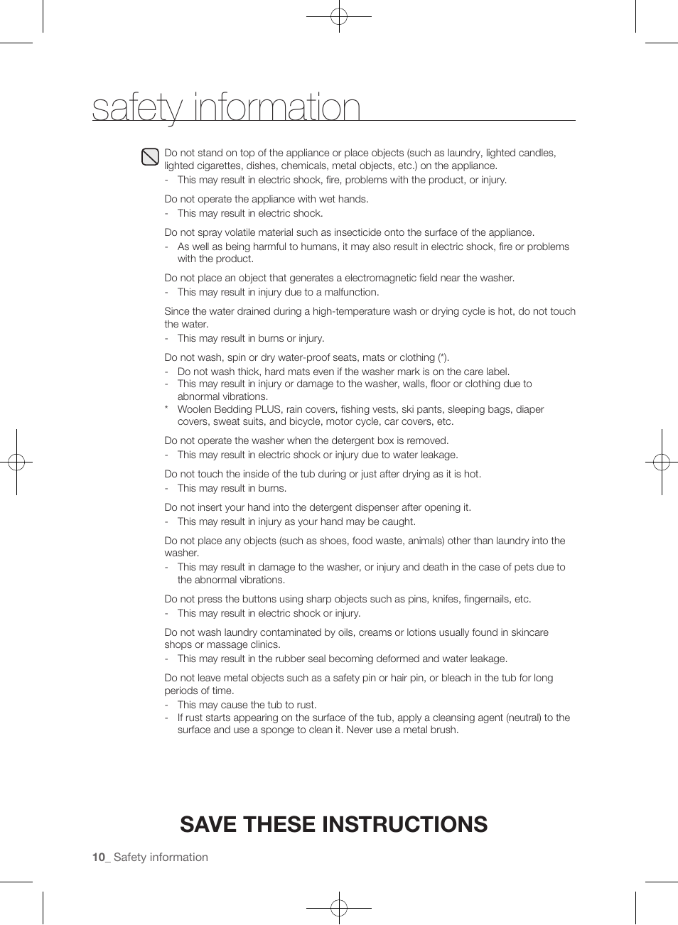 Safety information, Save these instructions | Samsung WF405ATPAWR-A2 User Manual | Page 10 / 144