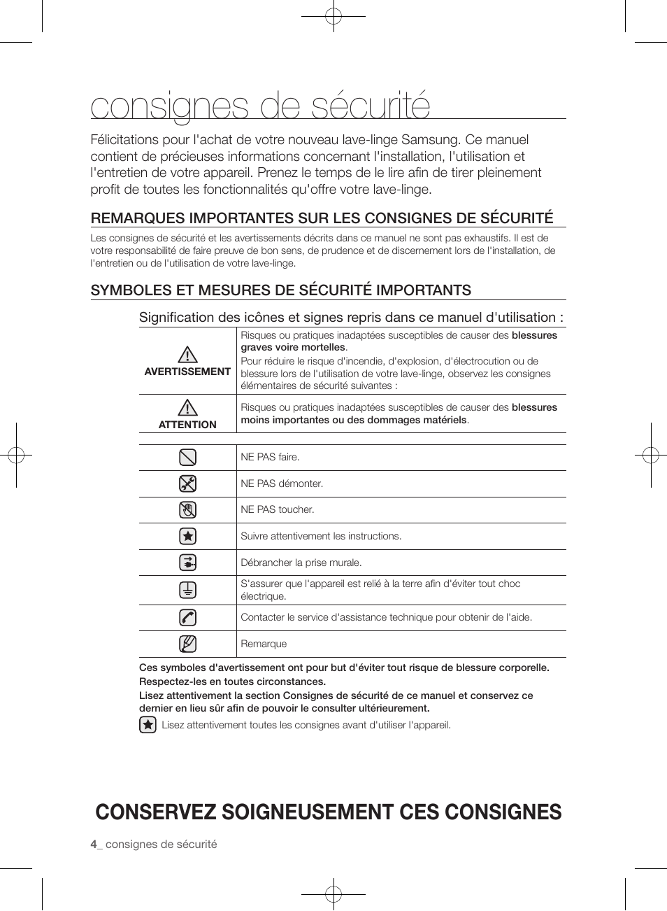 Consignes de sécurité, Conservez soigneusement ces consignes, Symboles et mesures de sécurité importants | Samsung WF405ATPAWR-A2 User Manual | Page 100 / 144