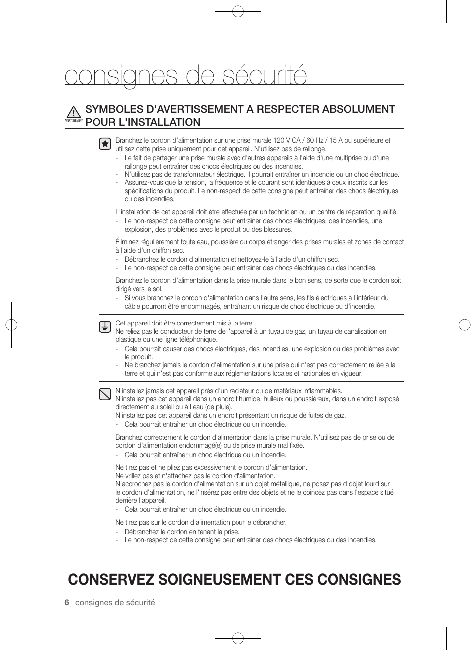 Consignes de sécurité, Conservez soigneusement ces consignes | Samsung WF405ATPAWR-A2 User Manual | Page 102 / 144