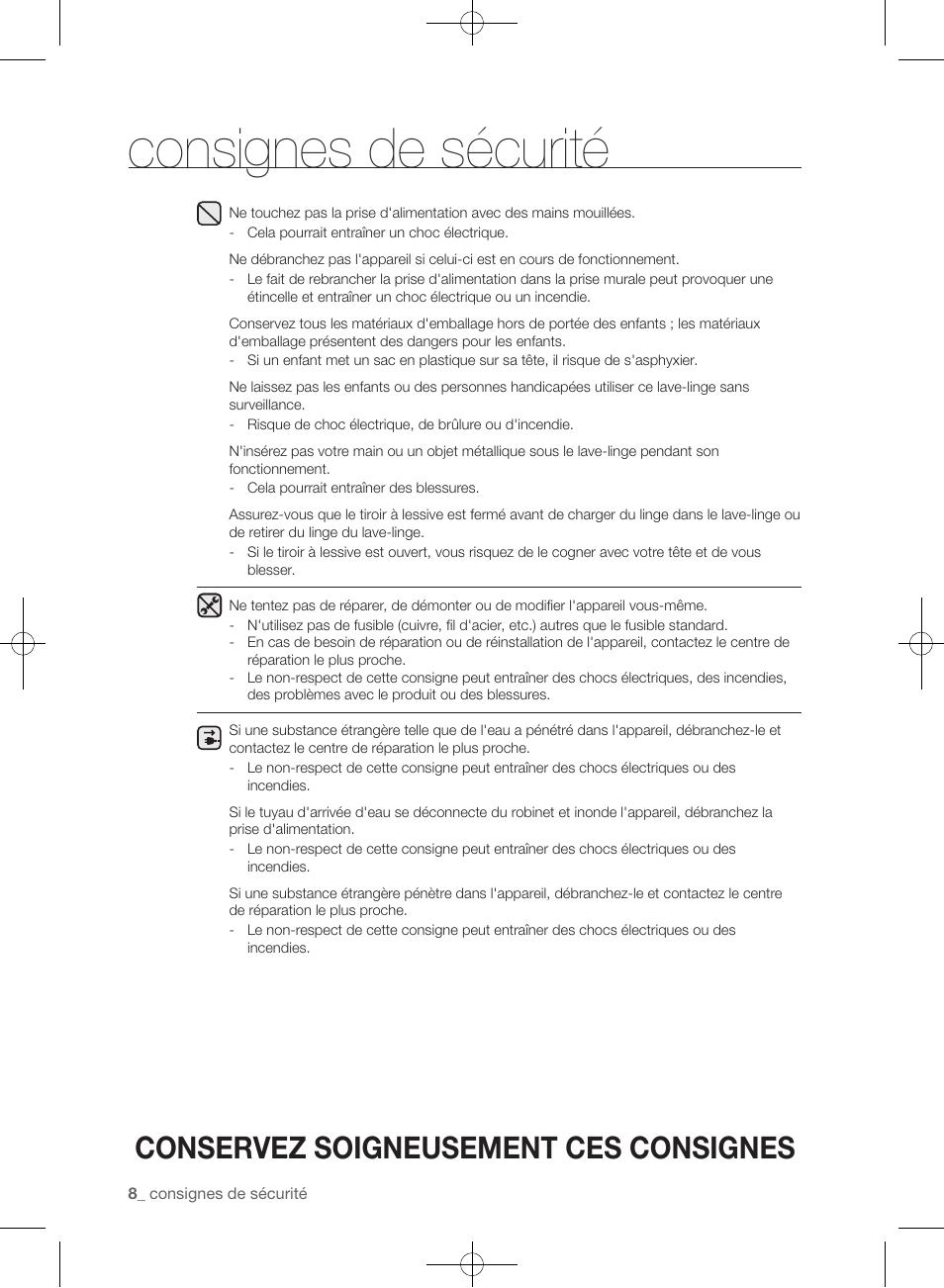 Consignes de sécurité, Conservez soigneusement ces consignes | Samsung WF405ATPAWR-A2 User Manual | Page 104 / 144