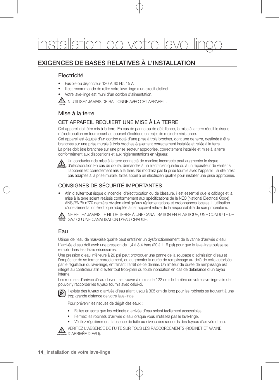 Installation de votre lave-linge, Exigences de bases relatives à l'installation, Electricité | Mise à la terre | Samsung WF405ATPAWR-A2 User Manual | Page 110 / 144