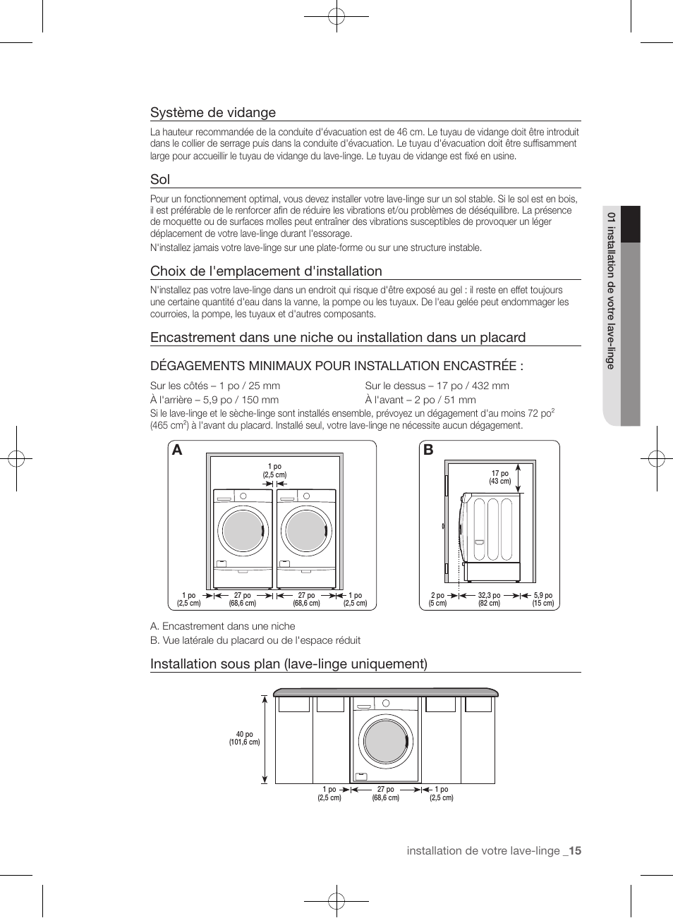Système de vidange, Choix de l'emplacement d'installation, Installation sous plan (lave-linge uniquement) | Dégagements minimaux pour installation encastrée | Samsung WF405ATPAWR-A2 User Manual | Page 111 / 144