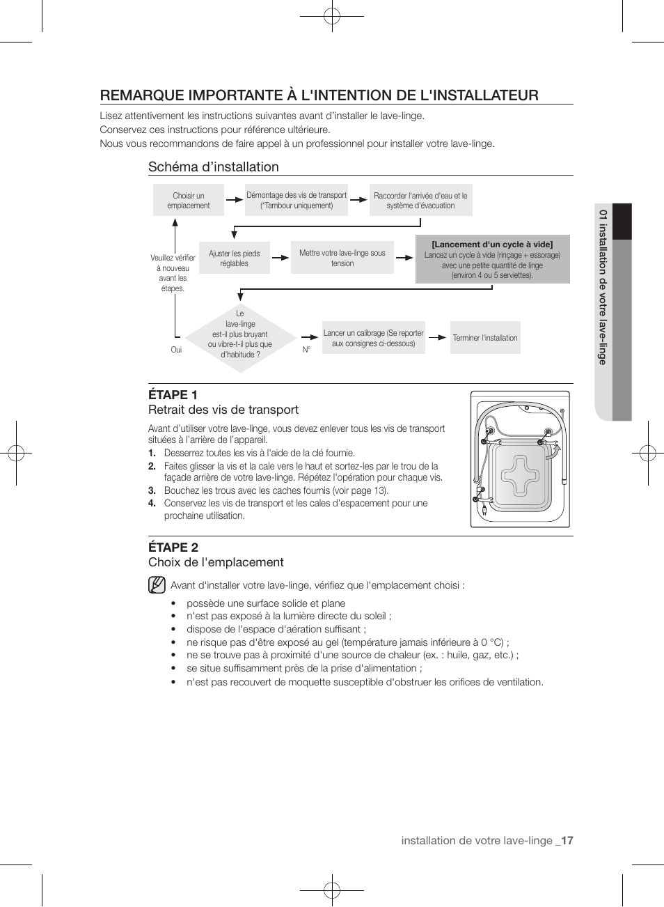Schéma d’installation, Étape 1 retrait des vis de transport, Étape 2 choix de l'emplacement | Samsung WF405ATPAWR-A2 User Manual | Page 113 / 144