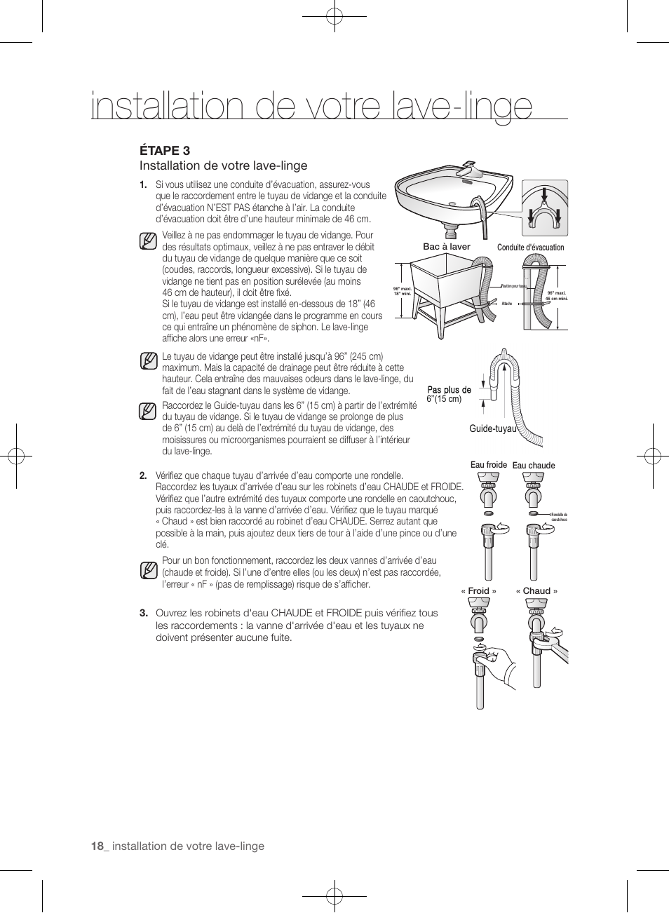 Installation de votre lave-linge, Étape 3 installation de votre lave-linge | Samsung WF405ATPAWR-A2 User Manual | Page 114 / 144