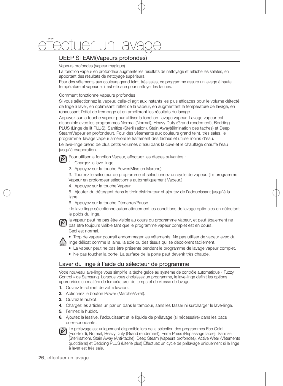 Effectuer un lavage, Deep steam(vapeurs profondes), Laver du linge à l’aide du sélecteur de programme | Samsung WF405ATPAWR-A2 User Manual | Page 122 / 144