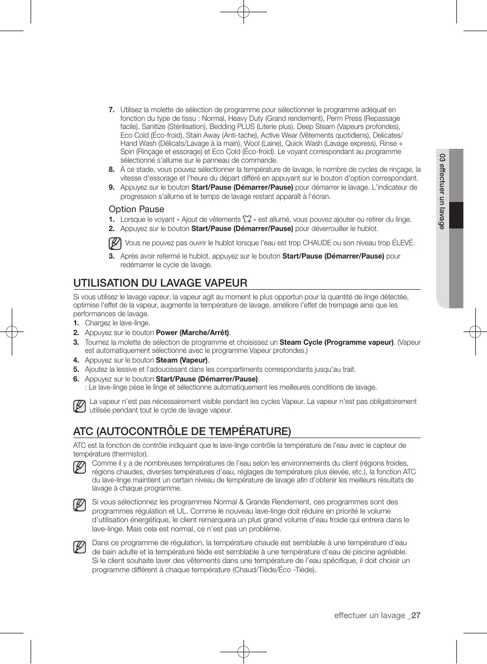 Utilisation du lavage vapeur, Atc (autocontrôle de température) | Samsung WF405ATPAWR-A2 User Manual | Page 123 / 144
