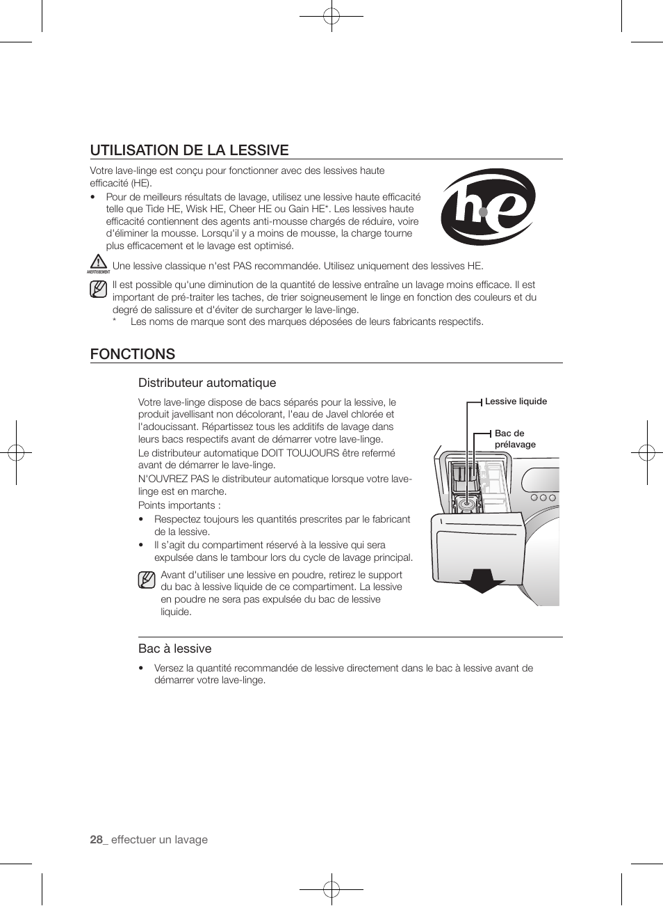 Utilisation de la lessive, Fonctions | Samsung WF405ATPAWR-A2 User Manual | Page 124 / 144