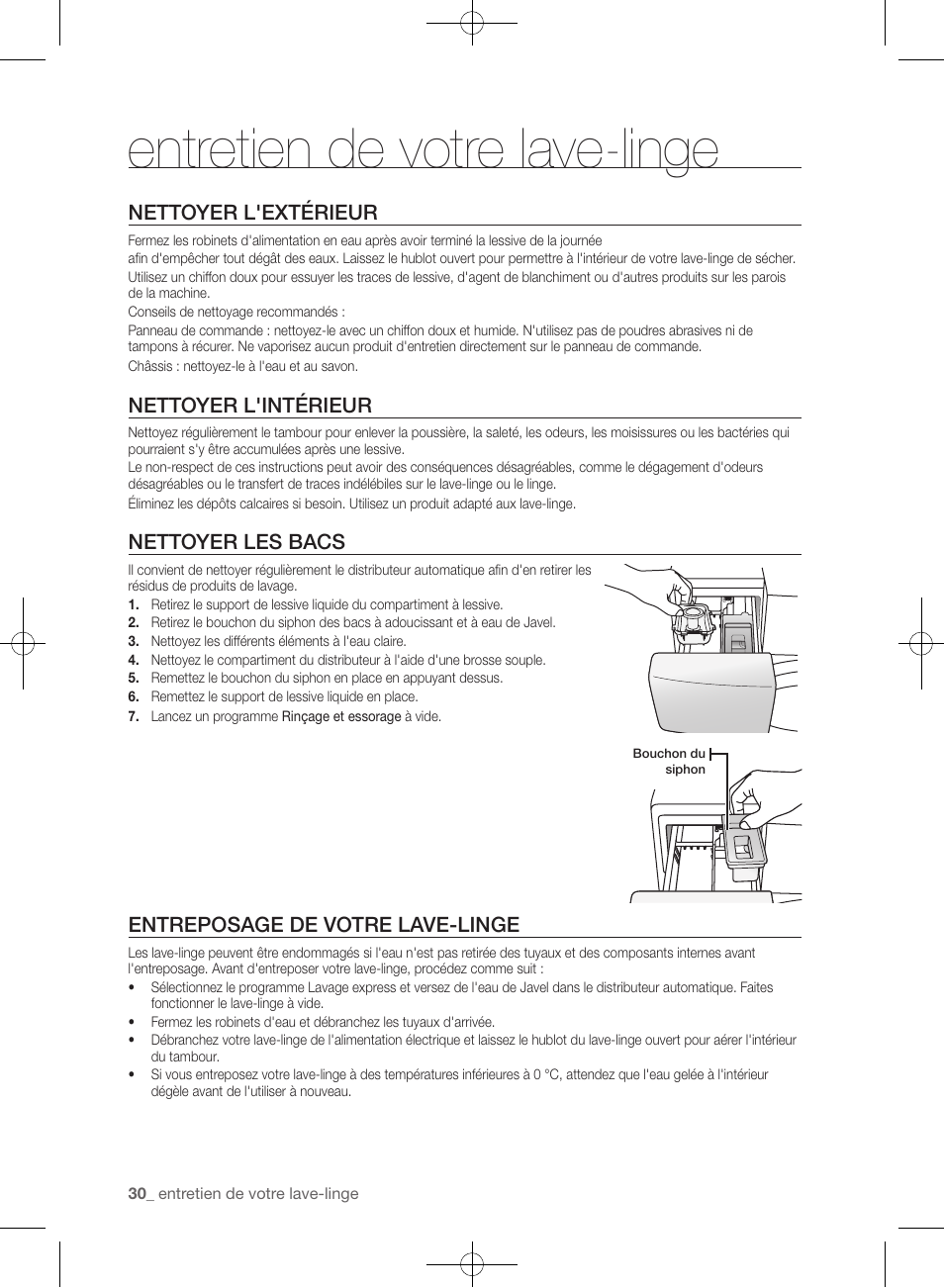 Entretien de votre lave-linge, Nettoyer l'extérieur, Nettoyer l'intérieur | Nettoyer les bacs, Entreposage de votre lave-linge | Samsung WF405ATPAWR-A2 User Manual | Page 126 / 144