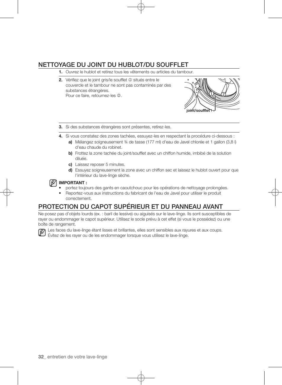 Nettoyage du joint du hublot/du soufflet, Protection du capot supérieur et du panneau avant | Samsung WF405ATPAWR-A2 User Manual | Page 128 / 144